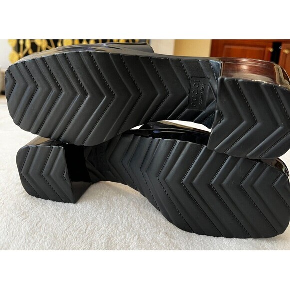 Gucci Nero Platform Black Glossy Rubber Slip On Slides Sandals Heels Size 7 37 - Picture 12 of 13